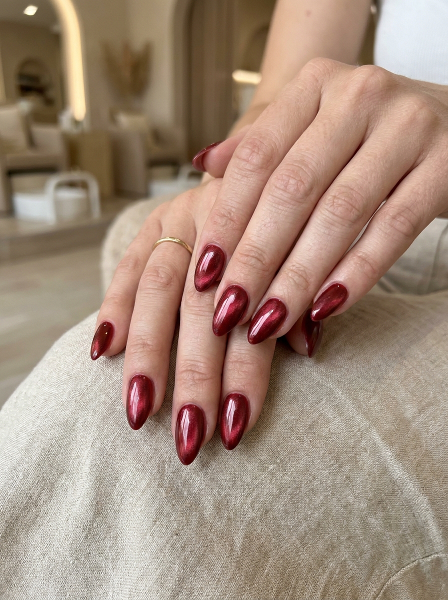 Samtige Rot Chrome Cat-Eye Nägel mit magnetischem Schimmer